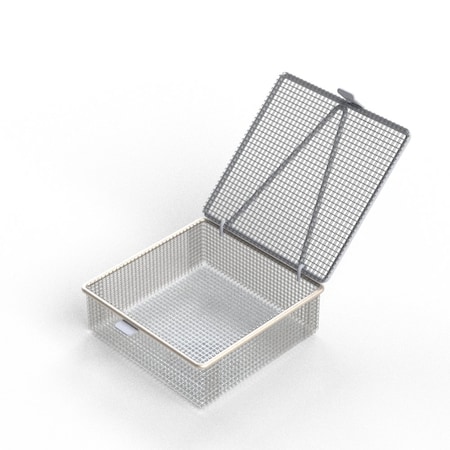 Anysizebasket Light Duty Basket: 6Lx6Wx2H, 304 SS, Hinged Lid with Thumb Clasp, No Handles, Mesh: 4 x .032 FLB-060060020-L04S